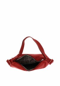 Sac à main en tissu rouge. Texture douce avec un léger lustre, doté d'une fermeture éclair, de doubles poignées et d'une doublure intérieure à motifs.