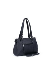 Borsa in pelle nera con due manici, tasca frontale con zip, tracolla removibile, texture liscia e forma strutturata.