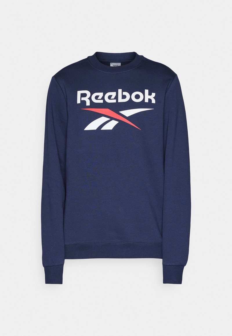 Granatowy sweatshirt wykonany z mieszanki bawełny, z okrągłym dekoltem i ściągaczami, z dużym logo Reebok w bieli i czerwieni.