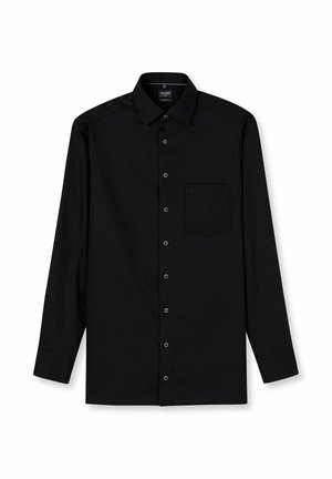 Schwarzes, langärmeliges Hemd mit Knopfleiste, spitzem Kragen, einer Brusttasche und dezentem Glanz; ausgestattet mit silbernen Knöpfen und einer taillierten Passform.