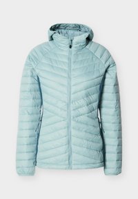 Lys blå quiltet jakke med hette, frontglidelås, elastiske mansjetter og glidelåslommer på sidene, designet for kaldt vær.