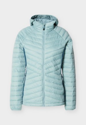 Lichtblauwe doorgestikte jas met capuchon, rits aan de voorkant, elastische manchetten en met rits afsluitbare zijzakken, ontworpen voor koud weer.