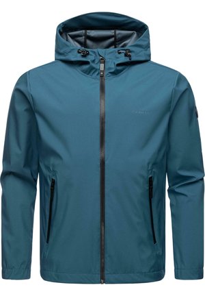 Hooded jacket in teal, made of lightweight, water-resistant material. Features black zip closures and two side pockets for storage.