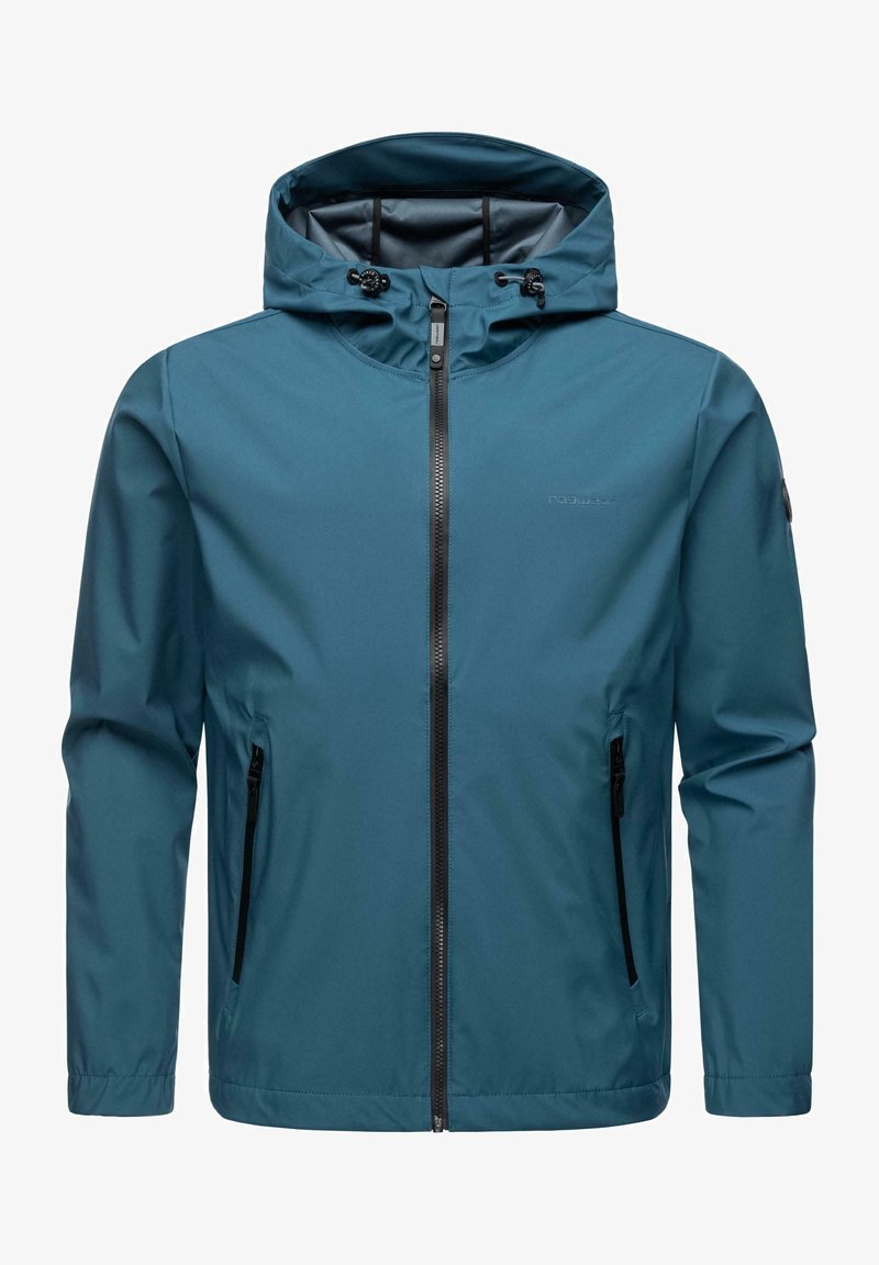Hooded jacket in teal, made of lightweight, water-resistant material. Features black zip closures and two side pockets for storage.