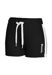 Svarta bomullsshorts med vit dragsko. Har vita sidostripes och vitt "Bench."-logotyp på framsidan. Slät textur.