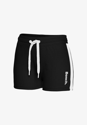 Shorts neri in cotone con lacci bianchi. Presentano strisce bianche sui lati e il logo bianco "Bench." nella parte frontale. Texture liscia.