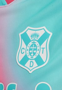 Akvamarinfärgad tyg med en gradient från teal till rosa, med en sköldlogotyp som har en krona och ett kors, märkt "C D T."