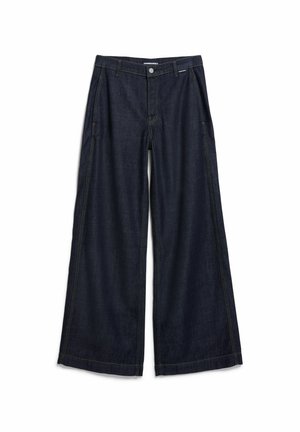 Donkerblauwe wijde jeans van denim met een hoge taille, voorzakken en gele stiksels langs de naden. Klassiek ontwerp met 5 zakken.