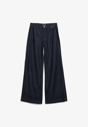 Donkerblauwe wijde jeans van denim met een hoge taille, voorzakken en gele stiksels langs de naden. Klassiek ontwerp met 5 zakken.