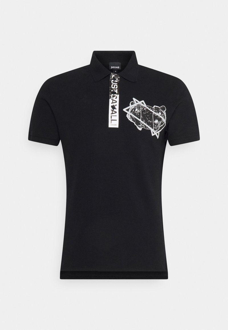 Polo noir en coton, avec un motif graphique blanc sur le devant, col côtelé et manches courtes.