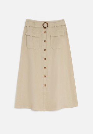 Beige Midi-Rock aus strukturiertem Stoff, mit Knopfverschluss, zwei Vordertaschen, einem Gürtel mit runder Schnalle und einem ausgestellten Saum.