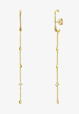 Auksinės auskarai su ilgu grandininių dizainu. Savybės ovalios rutuliukų formos ir žvaigždės akcentas, demonstruojantis poliruotą apdailą ir subtilią tekstūrą.