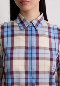 Geruite overhemd in blauw, bordeaux, grijs en crème kleuren. Met een button-down kraag, sluiting met knopen aan de voorkant en een lichte stofstructuur.