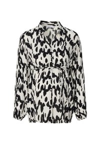 Zwart-witte blouse met patroon, lange mouwen, kraag, knopen aan de voorkant en een ingestopte taille. Gemaakt van lichtgewicht stof met een zachte textuur.