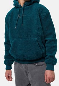 Felpa con cappuccio di colore teal in pile, con superficie testurizzata, cappuccio regolabile e tasca frontale a marsupio. I polsini e l'orlo a costine completano il design.