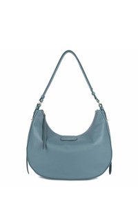 Leren schoudertas in een gedempte teal kleur, met een gebogen vorm, enkele schouderriem, ritsluiting en een klein logo op de voorkant.