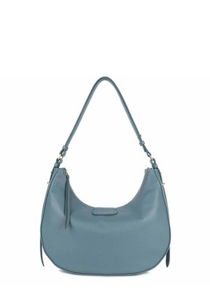 Borsa a spalla in pelle di un colore teal attenuato, con una forma curvata, una tracolla singola, chiusura con zip e una piccola etichetta logo sul davanti.