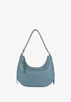 Borsa a spalla in pelle di un colore teal attenuato, con una forma curvata, una tracolla singola, chiusura con zip e una piccola etichetta logo sul davanti.