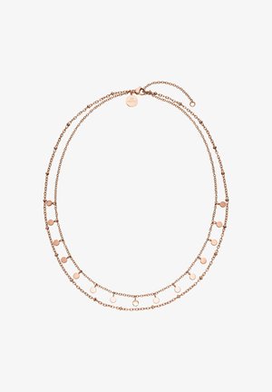 Doppelschichtige Halskette aus Roségold. Verfügt über runde Anhänger und zarte Glieder, mit einem Verschluss und einem Markenetikett. Einfaches, elegantes Design.