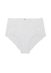 Culotte en dentelle blanche avec un motif floral sur les côtés, tissu central lisse, bords festonnés et un petit bouton décoratif à l'avant.