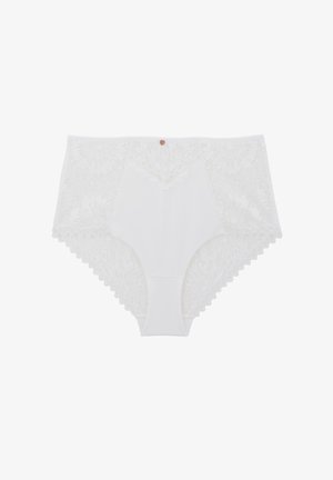 Culotte en dentelle blanche avec un motif floral sur les côtés, tissu central lisse, bords festonnés et un petit bouton décoratif à l'avant.