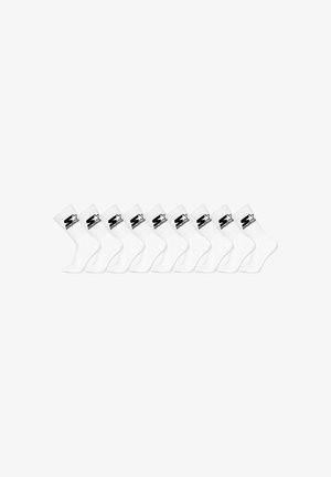 Ten pairs of white crew socks with black "Starter" logo on the sides, arranged in a row against a white background.