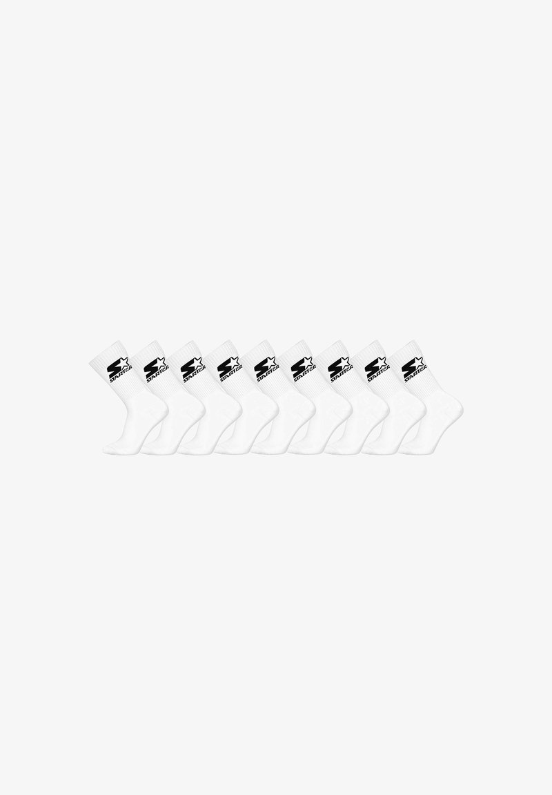 Ten pairs of white crew socks with black "Starter" logo on the sides, arranged in a row against a white background.