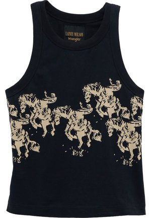 Schwarzes ärmelloses Oberteil mit beiger Grafik mehrerer Cowboys, die auf steigenden Pferden über die Brust und den oberen Taillenbereich reiten.