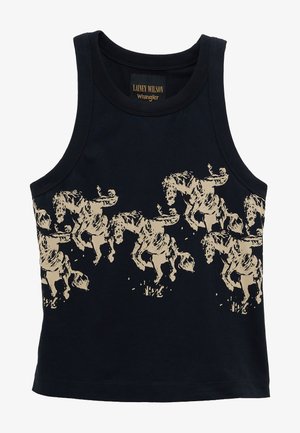 Musta varrukateta top, millel on rinna ja ülemise vöökoha piirkonnas beež värvi graafika mitmest küütnud ratsutavast kaevurist.