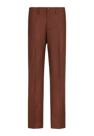 Braune, maßgeschneiderte Hose mit geradem Bein, Gürtelschlaufen und vorderer Knopfverschluss.