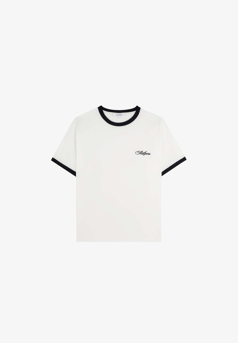 White t-shirt with short sleeves, black neckline and sleeve accents. Features a small black embroidered logo on the left chest area.