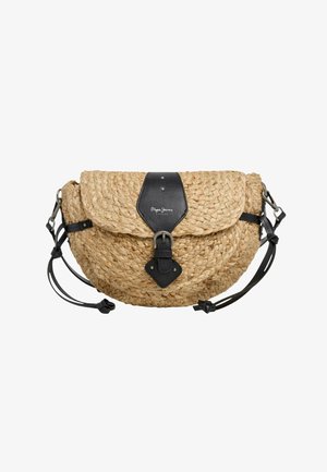 Woven tan crossbody bag with black leather buckle strap and adjustable shoulder straps, Pepe Jeans logo on front flap.