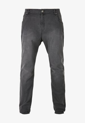 Sötétszürke farmernadrág egyenes szárvágással, elülső zsebekkel és gombos záródással. Puha tapintású, enyhe kopás részletekkel.