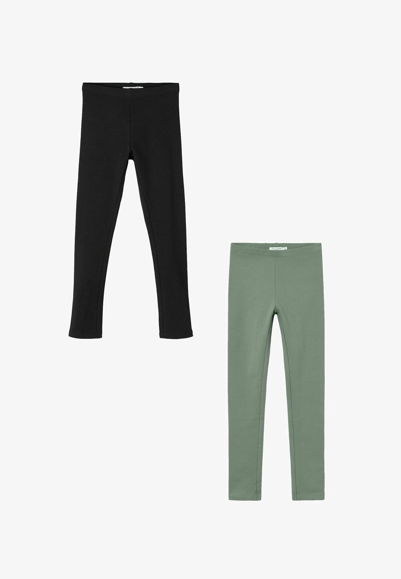 Black and green leggings made of stretchy fabric, featuring a slim fit and an elastic waistband. Smooth texture and a solid color design.
