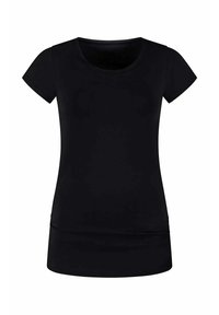 Schwarzes, kurzärmeliges, figurbetontes T-Shirt mit rundem Halsausschnitt und leicht verlängertem Saum, auf weißem Hintergrund präsentiert.