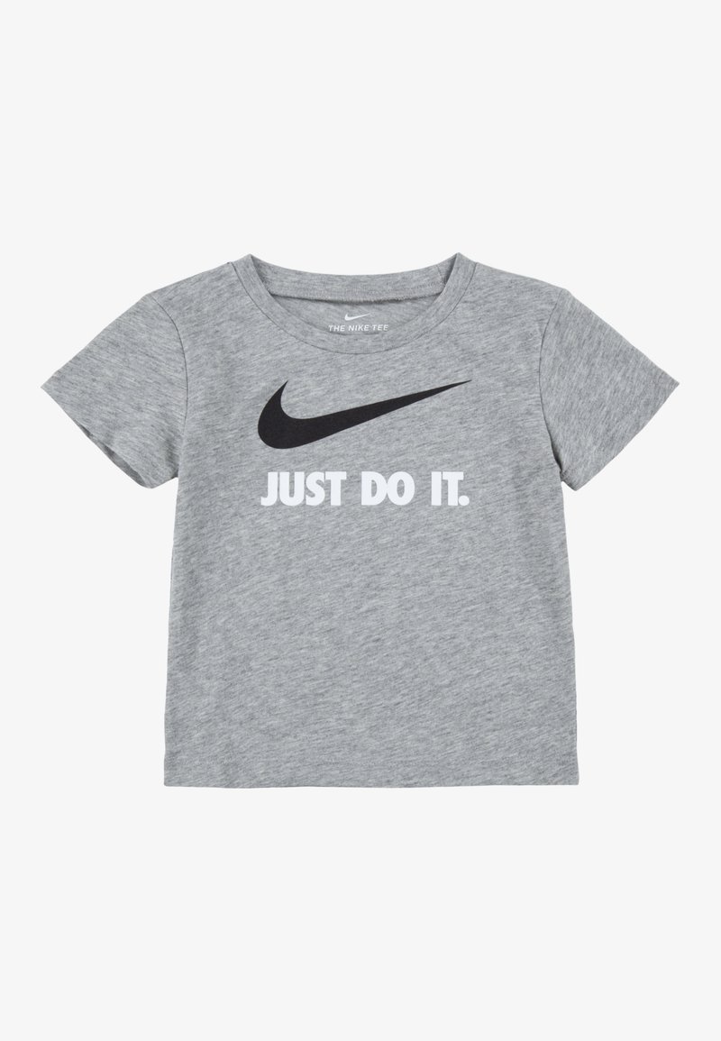 Graues Baumwoll-T-Shirt mit Rundhalsausschnitt, kurzen Ärmeln und großem schwarzem Nike-Swoosh-Logo mit der Aufschrift "JUST DO IT" in Weiß.