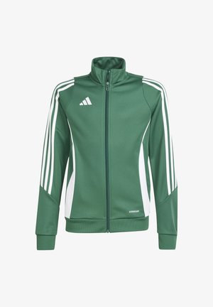 Giacca sportiva verde con pannelli laterali bianchi e tre strisce bianche sulle spalle. Presenta un colletto alto e una chiusura con zip completa.