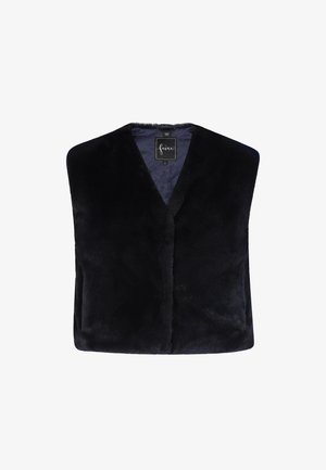 Marineblauwe nepbont gilet met een gewatteerde binnenkant, voorzien van een v-hals ontwerp en een open voorkant, wat zorgt voor een zachte en warme textuur.