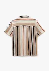 Kortærmet skjorte med mesh-struktur og vertikale striber i beige, brun, marineblå og rød. Klassisk krave og afslappet pasform.