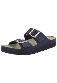 Navy blue slide sandals with two adjustable straps, silver buckles, and textured black soles. Soft inner lining for comfort.