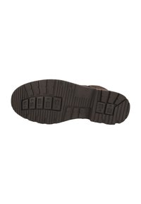 Suela de zapato de goma marrón con surcos profundos, que presenta patrones rectangulares y horizontales para tracción y soporte. Diseño duradero y estructurado.