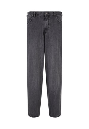 Graue Denim-Jeans, gerade geschnitten, im fünf-Taschen-Stil, mit metallischem Knopfverschluss, subtiler Textur und leichter Ausbleichung im gesamten Stoff.