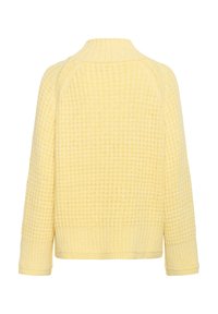 Pull tricoté jaune doux avec texture gaufrée, manches longues, poignets et ourlet côtelés, et un col montant côtelé, vu de dos.