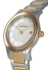 Orologio in acciaio inossidabile di tonalità argento e oro con quadrante rotondo in madreperla, indici delle ore dorati e display della data alle 3.
