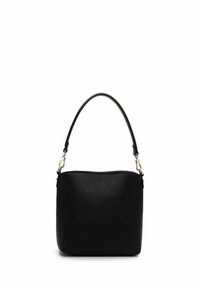 Black leather handbag with a textured surface, rounded shape, and a short handle attached with silver hardware. Zipper closure at the top.