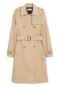 Beżowy płaszcz trench o podwójnym zapięciu z paskiem, szerokim kołnierzem, epauletami na ramionach, paskami na mankietach i kieszeniami z przodu.