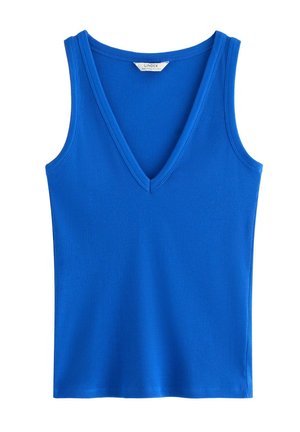 Blå ribbet ærmeløs top med V-hals, tætsiddende pasform og blød stoftekstur, velegnet til casual brug.