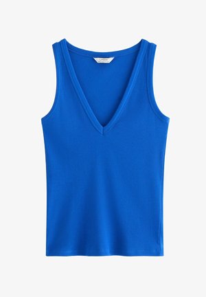 Blå ribbet ærmeløs top med V-hals, tætsiddende pasform og blød stoftekstur, velegnet til casual brug.