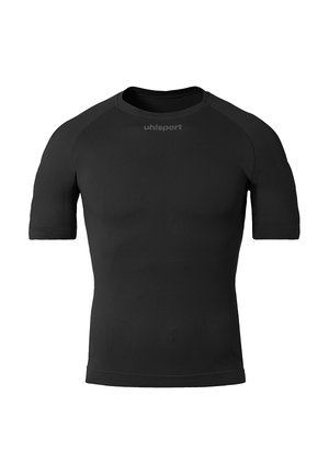 Schwarzes Sportshirt aus leichtem, dehnbarem Material mit kurzen Ärmeln und taillierter Passform, das strukturierte Muster aufweist.