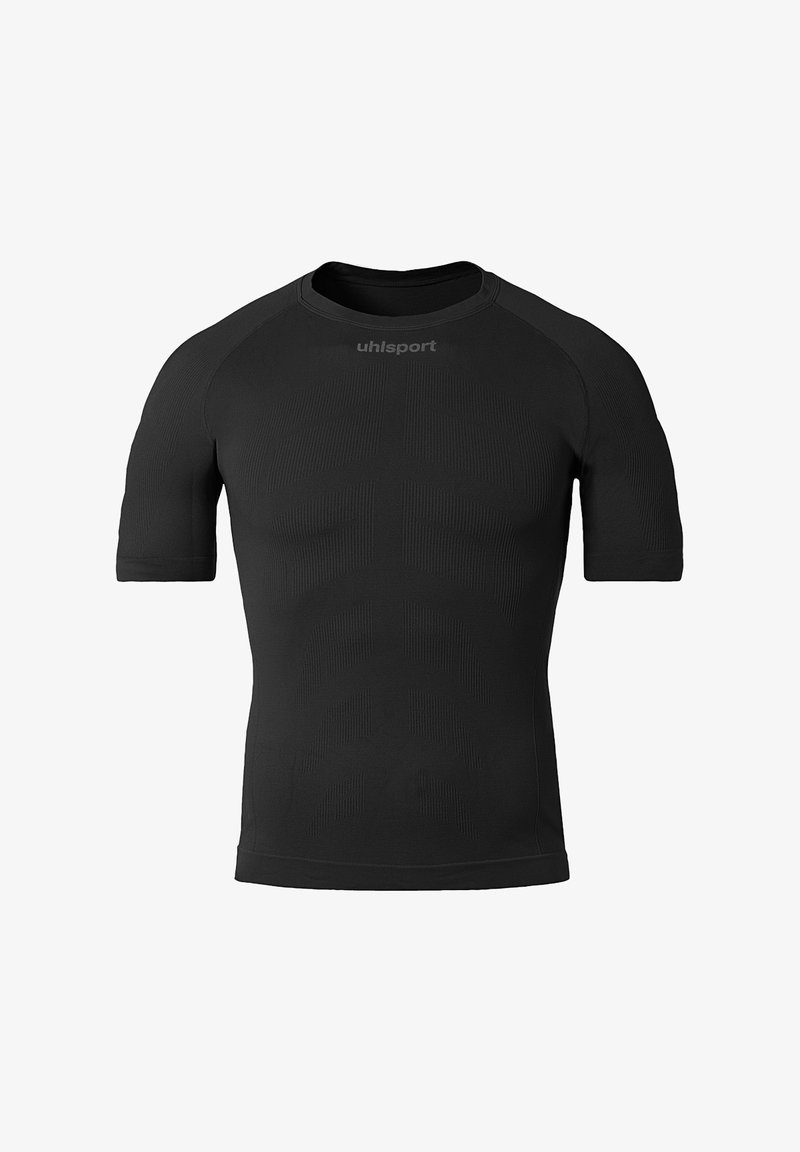 Zwarte sportshirt gemaakt van lichtgewicht, rekbaar materiaal met korte mouwen en een aansluitend ontwerp, met textuurpatronen.
